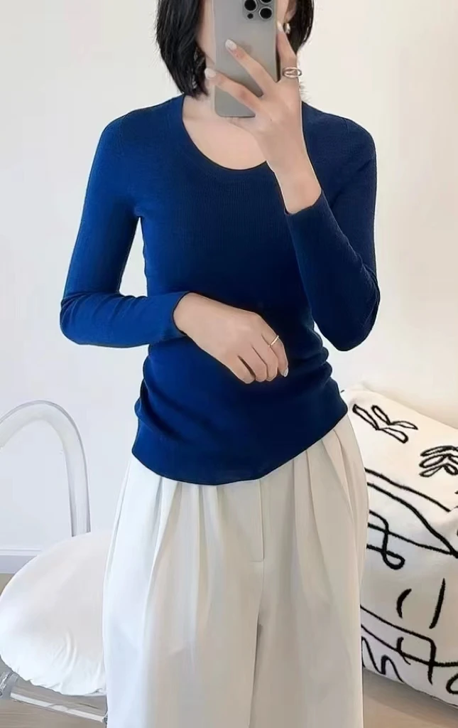 U领【可机洗精纺】美丽诺100%绵羊毛无缝一体修身羊毛衫001#款