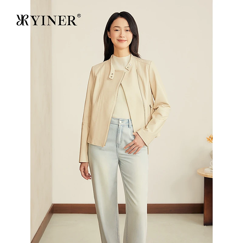 YINER音儿专选2025秋季新款法式短款小立领柔软绵羊真皮皮衣夹克