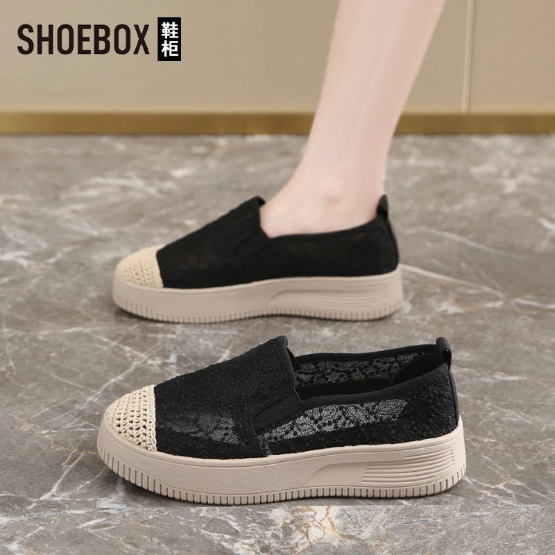 SHOEBOX鞋柜小香风渔夫鞋女2025夏季新款平底防滑网面透气单鞋