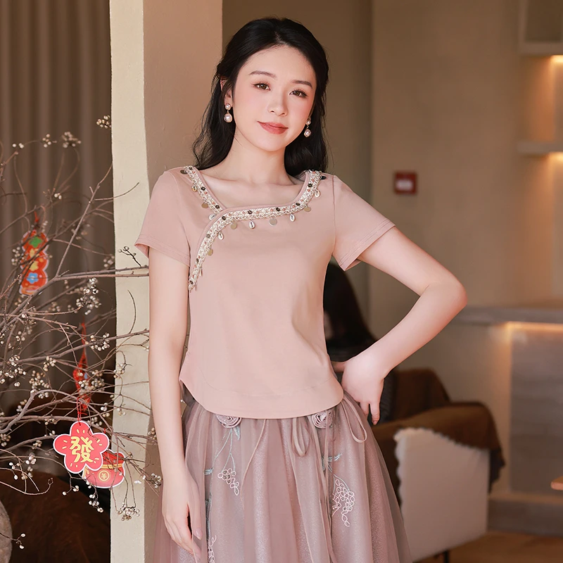 烟花烫民族风时尚t恤女装夏季新款小个子修身气质百搭上衣 纯木