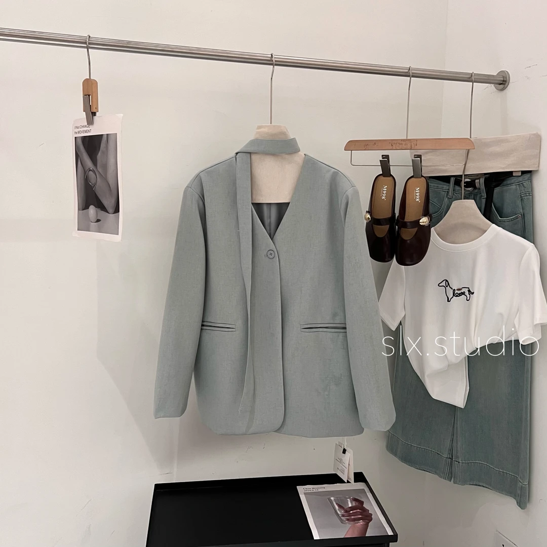 slx@ 8008 麻感飘带V领西装