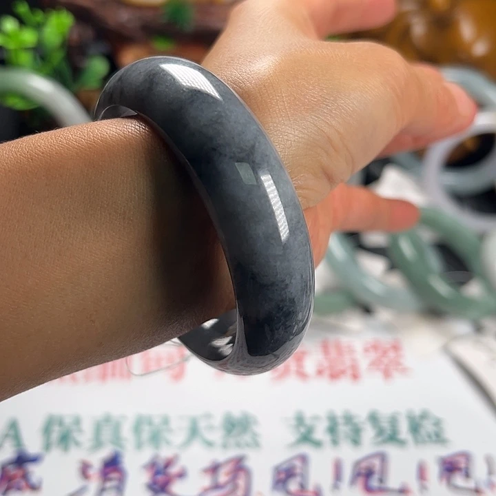 翡翠未镶嵌手镯纯天然缅甸A货翡翠宽版大轮胎乌鸡镯57.8