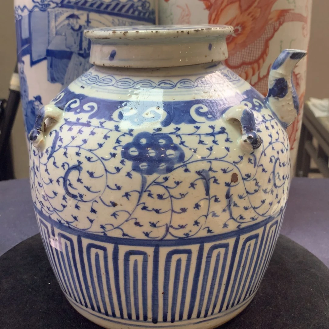 壶1424瓷器—青花缠枝莲纹四系提梁壶