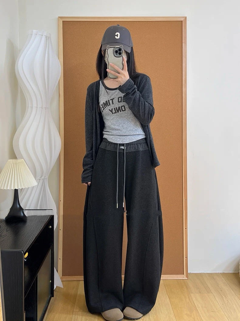 三妹家~韩系加绒撞色休闲香蕉弯刀裤女2025新款慵懒阔腿裤