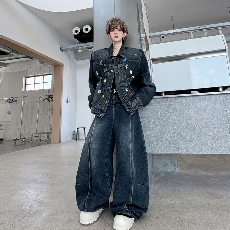 秋季美式高街小众贴标装饰牛仔夹克套装男搭配阔腿弯刀长裤两件套