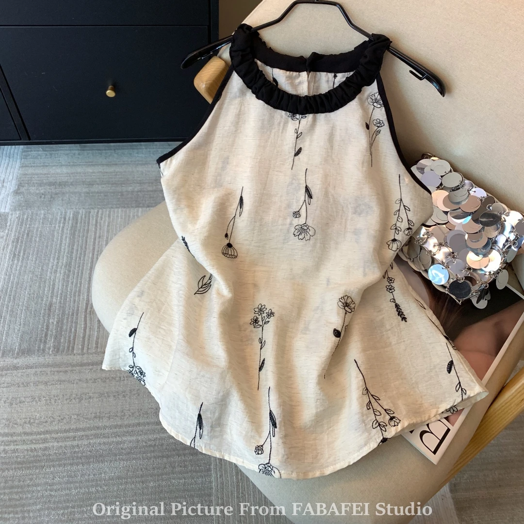 法式刺绣花朵挂脖衬衫女夏款设计感高级背心娃娃衫遮肚子裙摆上衣