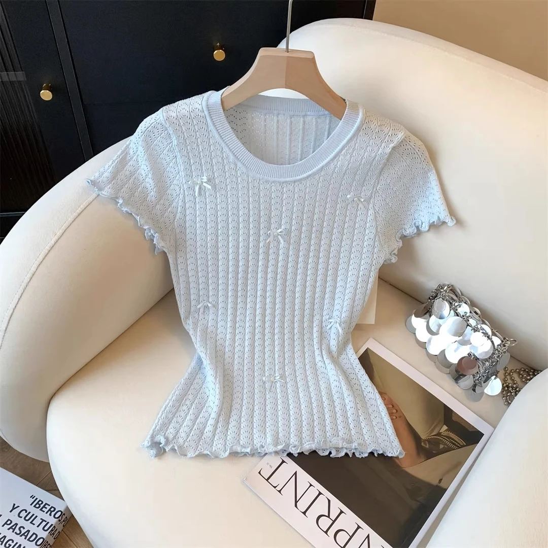 设计感木耳边镂空针织短袖t恤女夏季蝴蝶结修身显瘦洋气薄款上衣