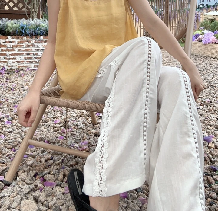 818透气镂空拼接抽绳高腰显瘦亚麻直筒阔腿女裤