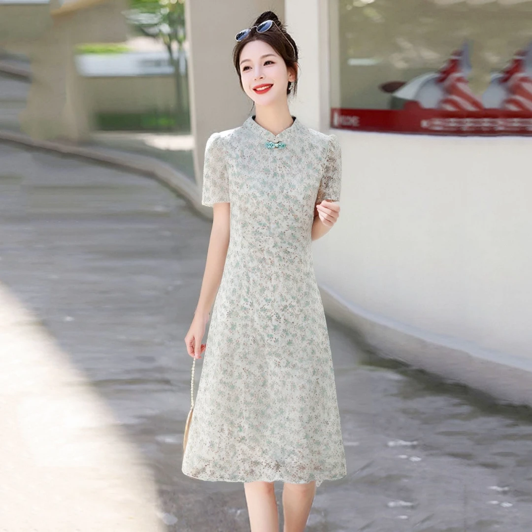 2025夏季新款时尚气质修身印花改良中长款旗袍显瘦连衣裙女蕾丝