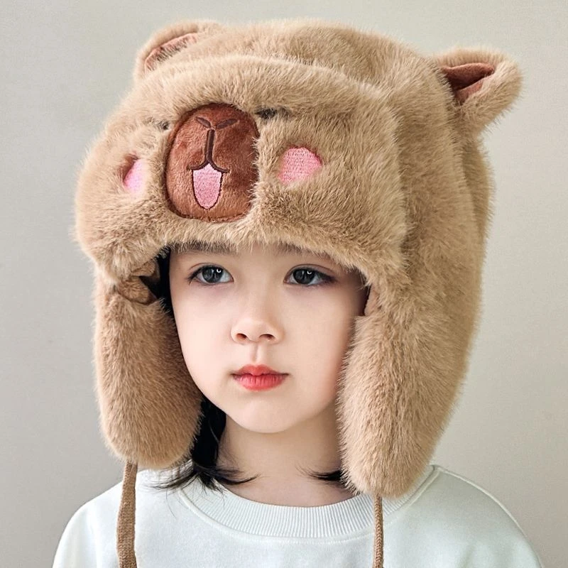 儿童帽子冬男童可爱卡皮巴拉毛绒帽女孩加厚保暖防风防寒护耳帽qt