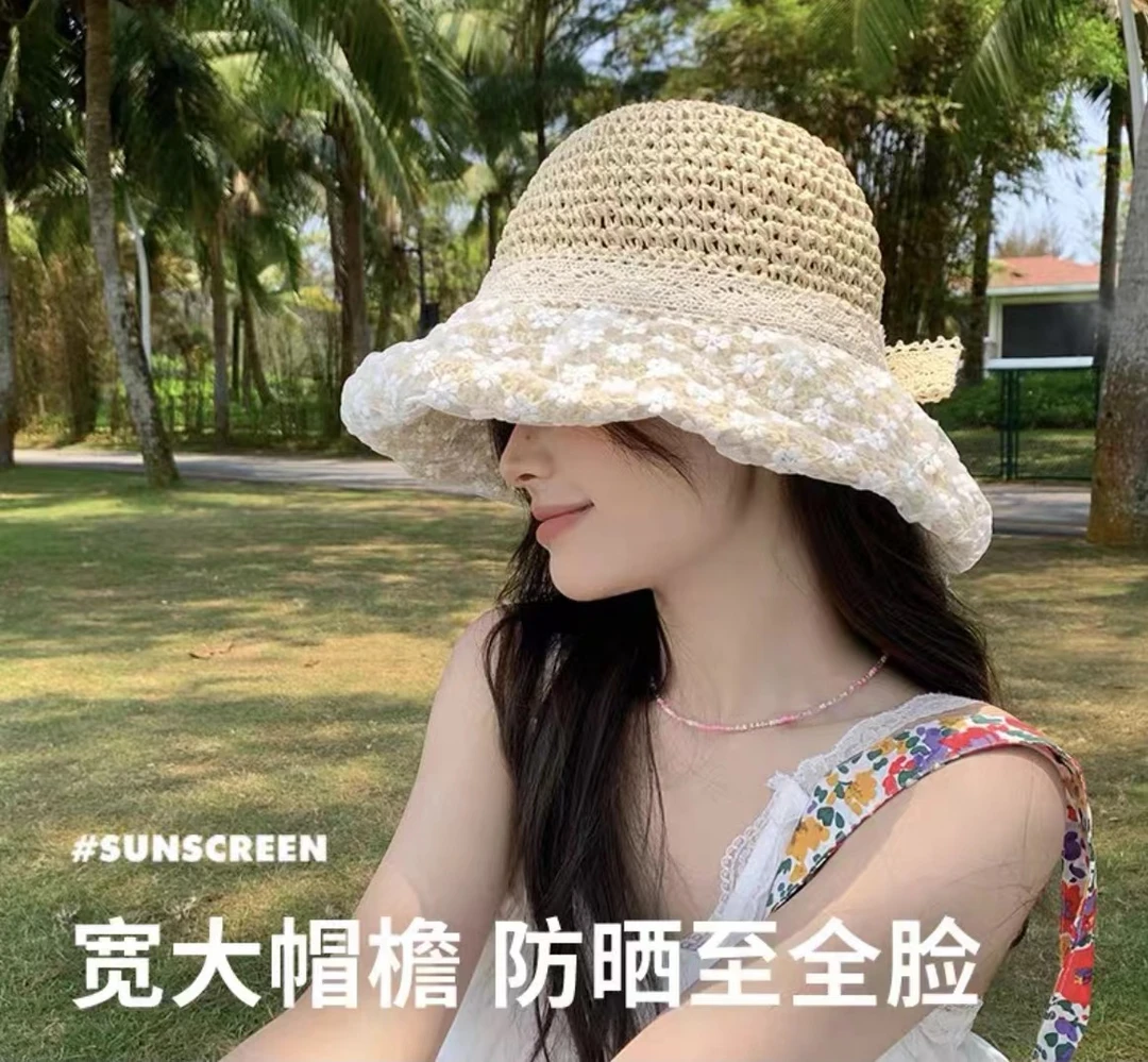 草帽森系休闲春季夏季帽子蕾丝大帽檐透气盆帽网红女孩时尚百搭