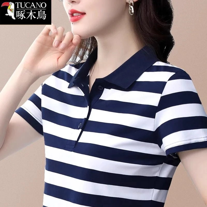 啄木鸟新款短袖黑白条纹上衣2025年夏装宽松显瘦翻领时尚薄款T恤