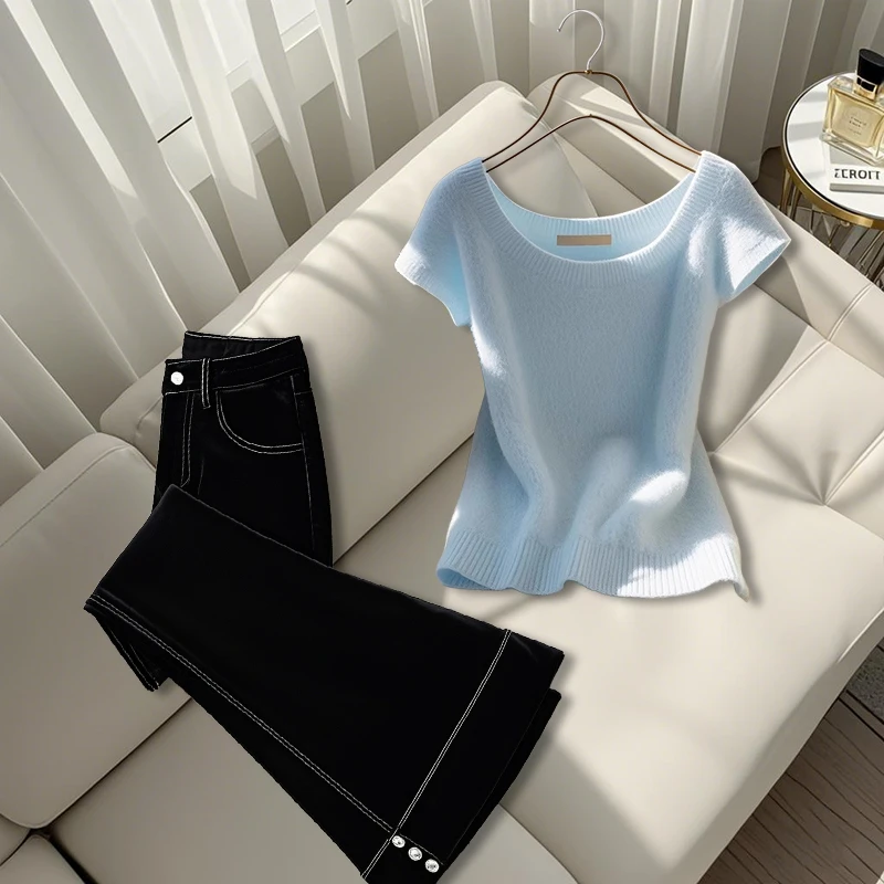 2025夏季新款洋气气质时尚轻奢显瘦上衣高级感百搭休闲直筒裤女装