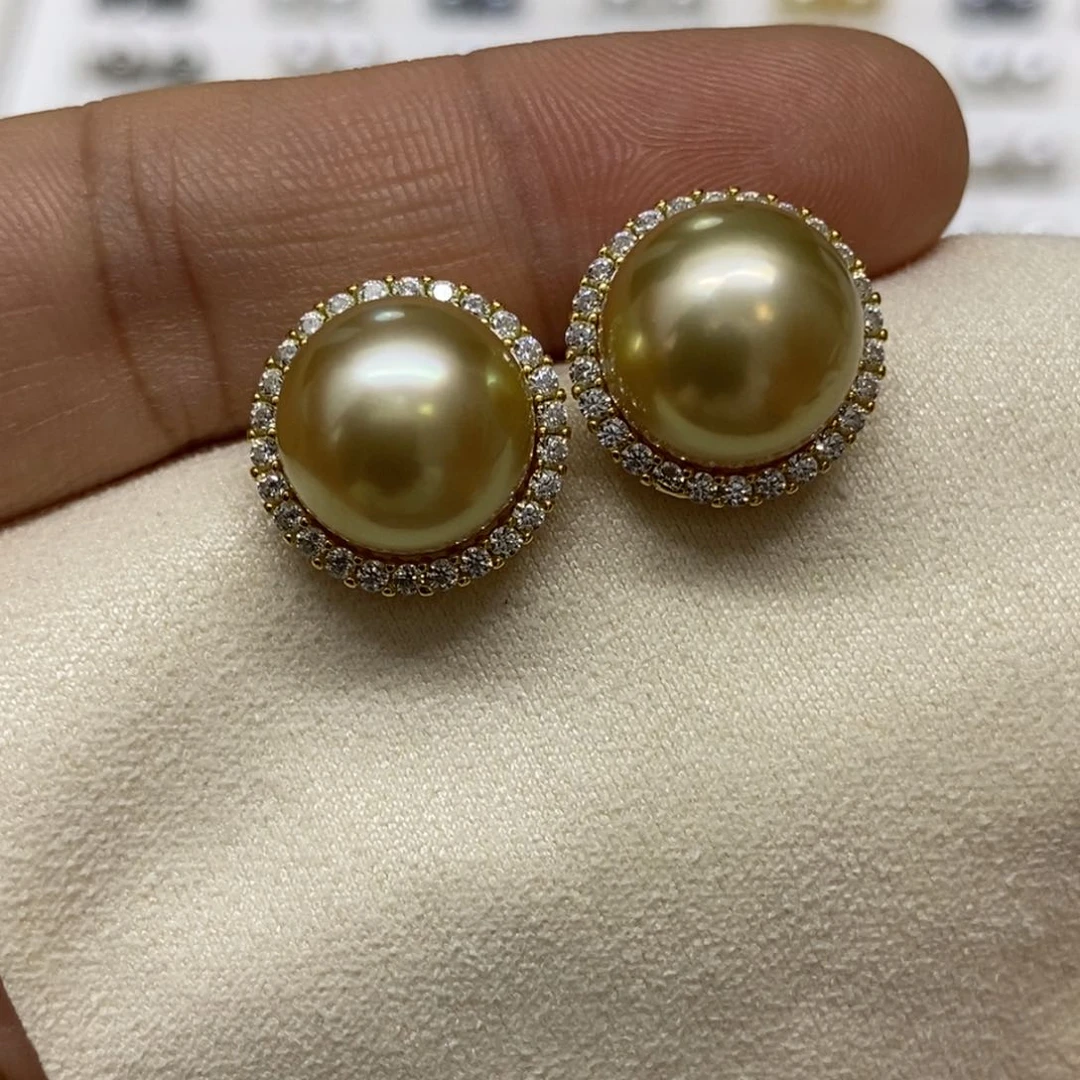 银S925镶嵌耳饰海水珍珠金珠耳饰12-13m m