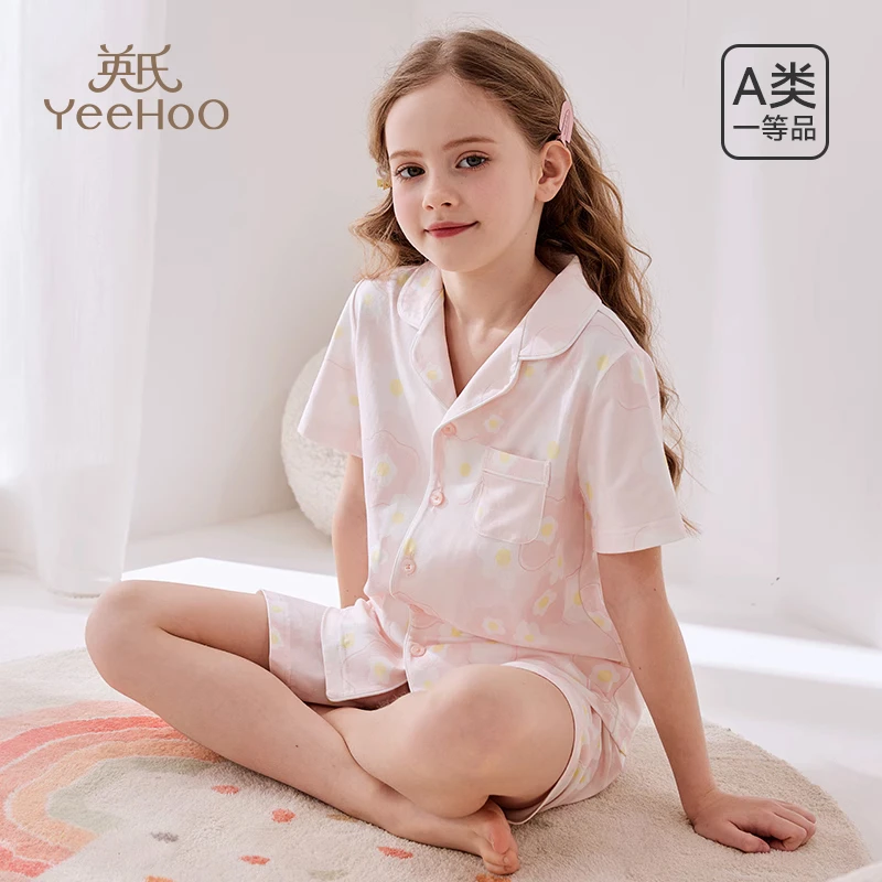 英氏女童睡衣短袖2025新款夏季女孩儿童家居服宝宝空调服套装薄款