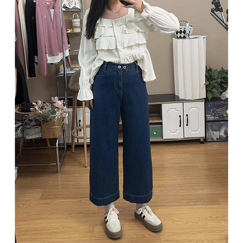 复古蓝高腰直筒九分牛仔裤女春季新款大码梨形身材裤子宽松阔腿裤