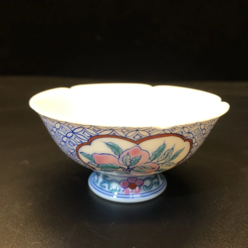 12.29a/N100360/00378/铜钱开窗三多桃葵口杯/口径8.3高4.2/60cc