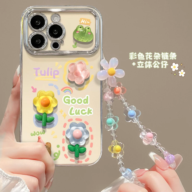 适用苹果15手机壳iPhone14promax青蛙花公仔链条13电镀6D视窗全包