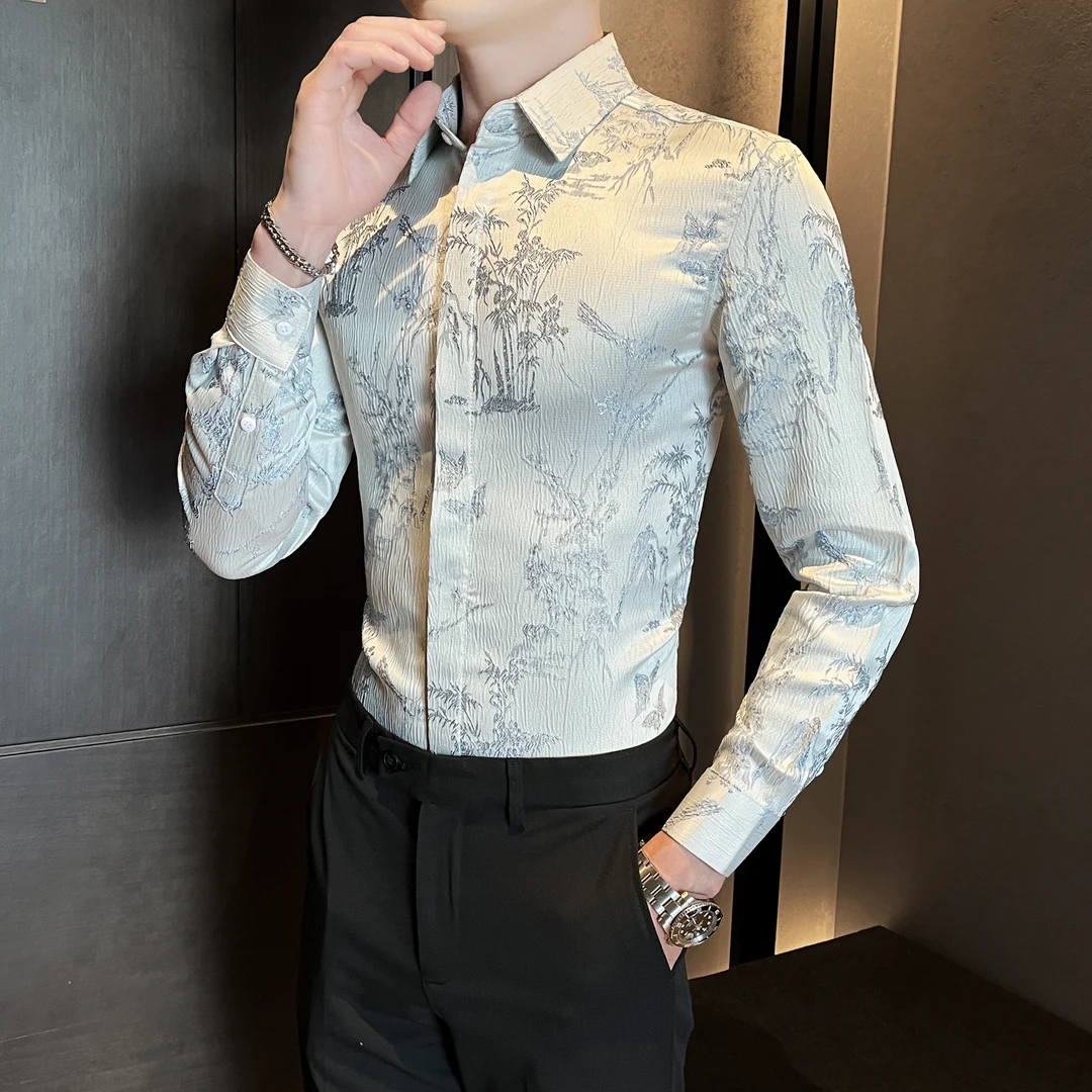 印花长袖衬衫男装春季2025新款时尚潮流男款暗门禁休闲花衬衣痞帅