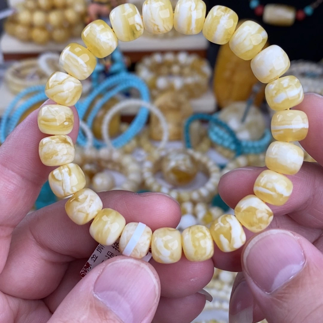 蜜蜡未镶嵌手链金瓷白细纹虎皮千层雪10mm