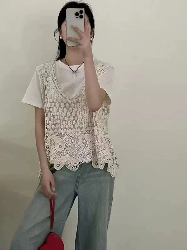 2025春季新款韩版宽松圆领短袖T恤+镂空吊带背心马甲两件套装女潮