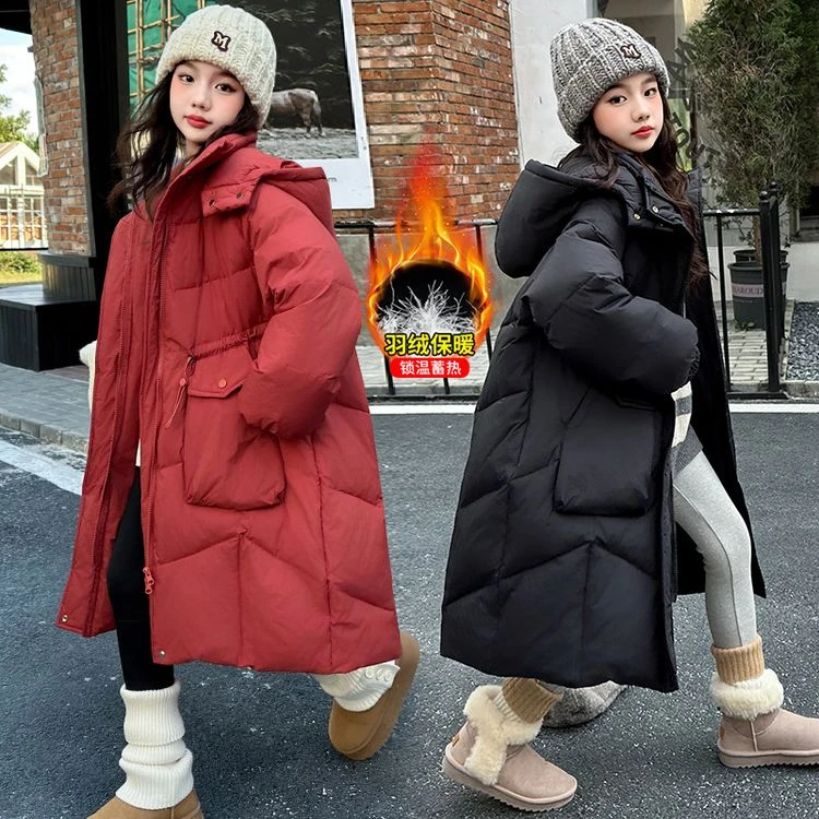 女童过膝羽绒服新款中长款收腰上衣儿童加厚宽松潮流休闲儿童冬装