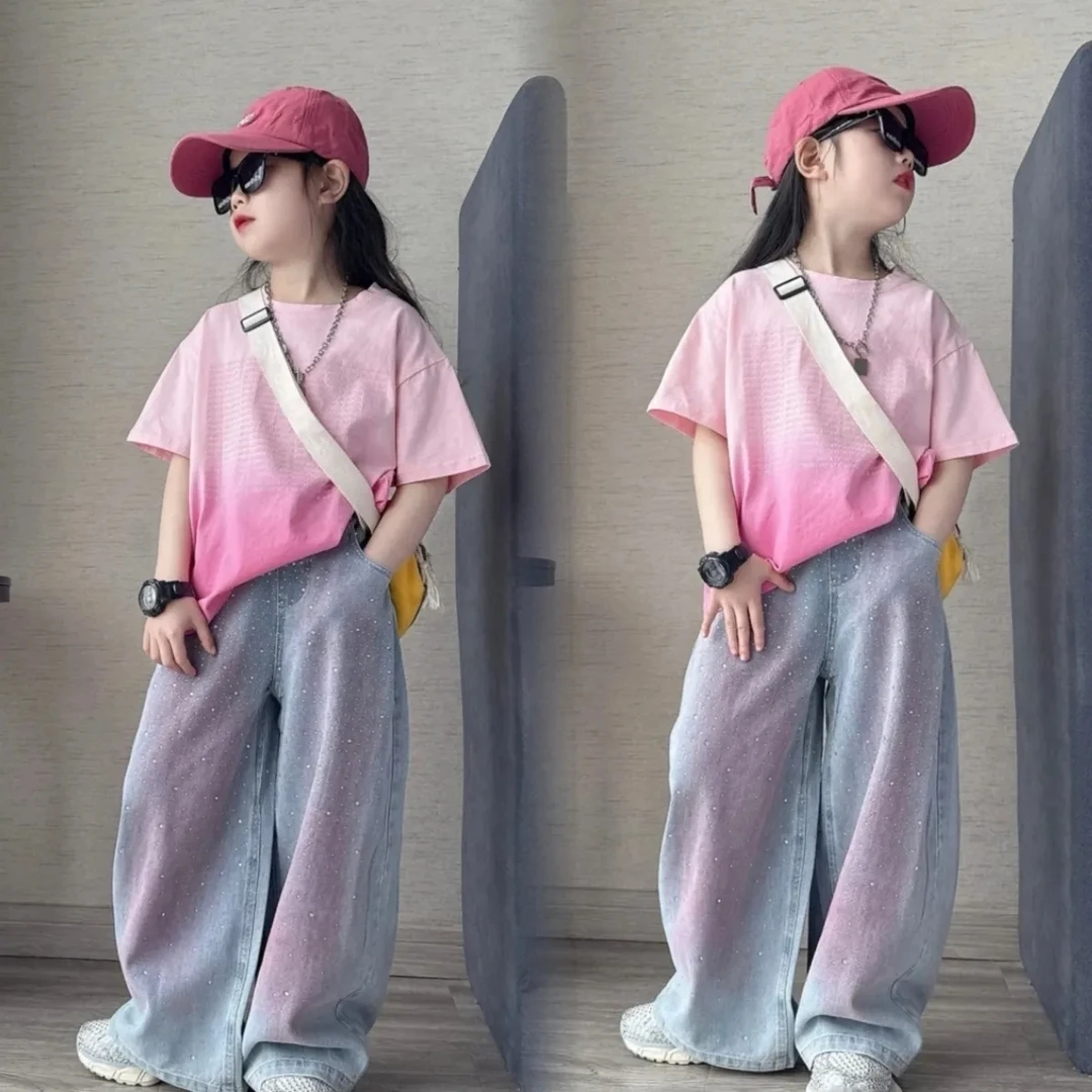 女童夏装套装夏天吊染短袖镶钻薄款阔腿裤牛仔裤洋气休闲两件套潮