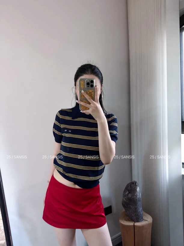 SANSIS minmin  拼色条纹立领针织polo短袖