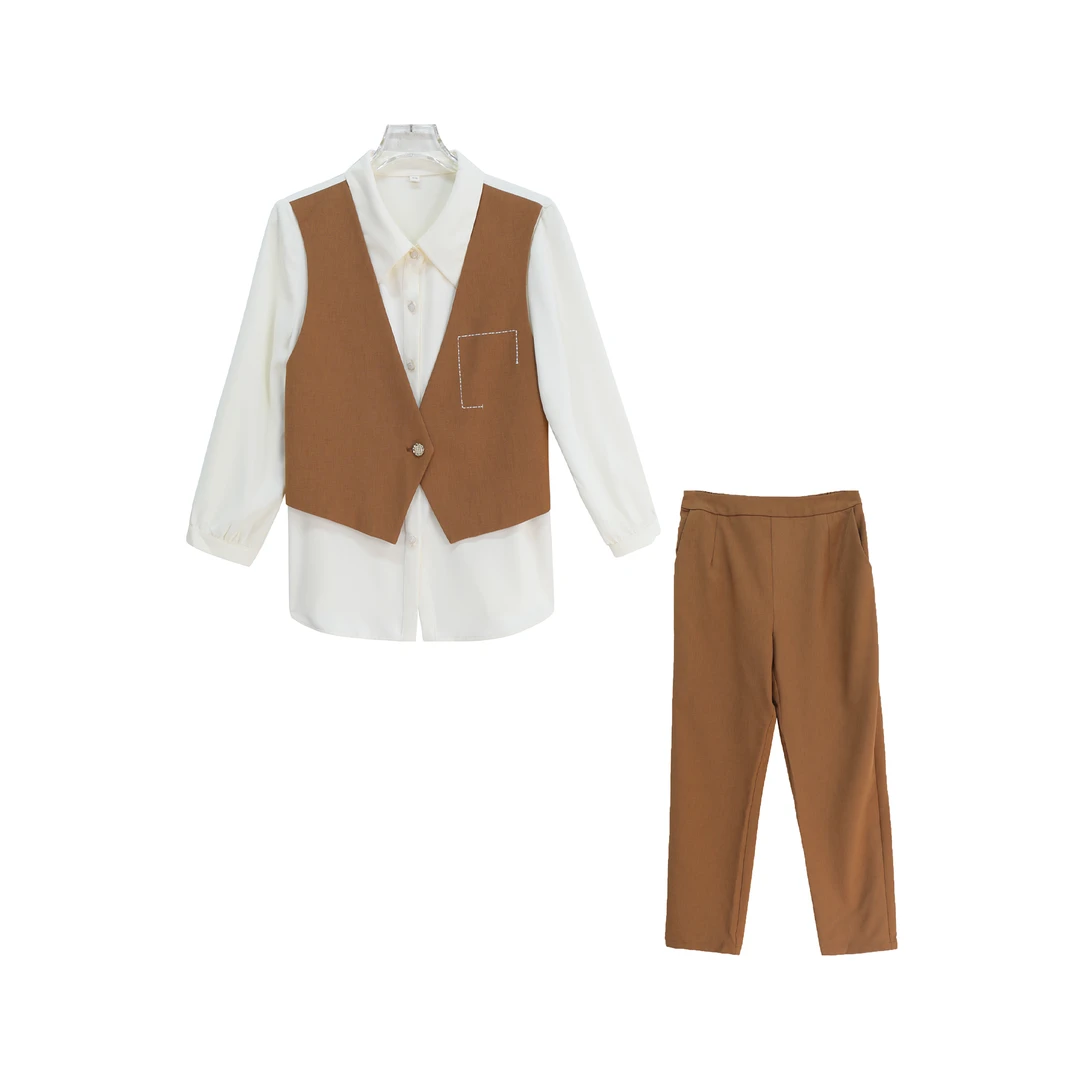 新款设计感干练气质马夹衬衫假两件阔腿裤套装S2427