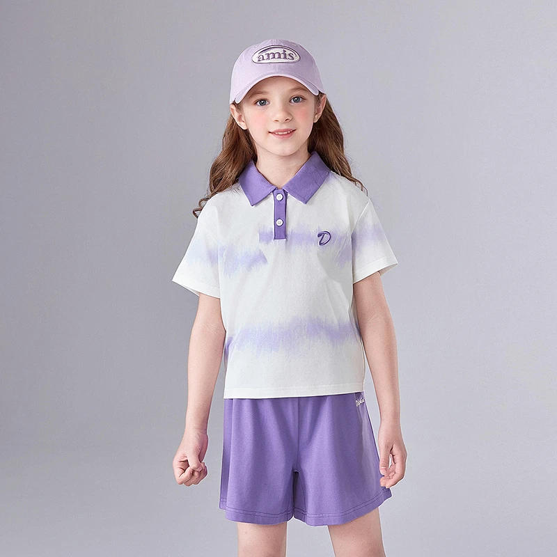 笛莎女童夏季套装中大童女孩洋气休闲晕染清新短裤套装-83252T307