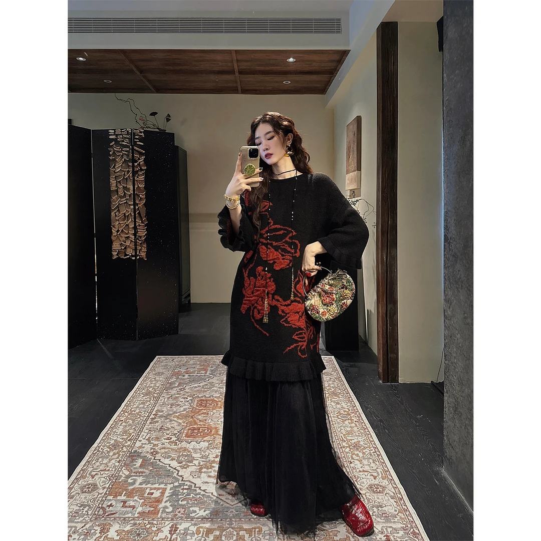 三吉黑花【闻花茗】新中式巨好看连衣裙子早秋国风羊毛衣薄纱长裙