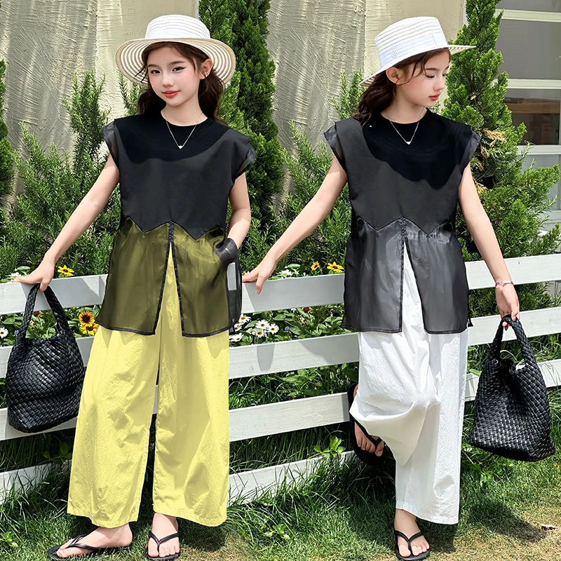 童装女童夏季高级感网纱假俩件拼接套装6-12岁15中大童小女孩套装