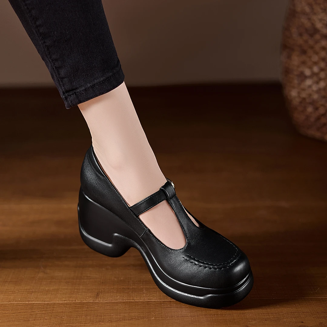 小个子手工女鞋8cm~法式玛丽珍厚底坡跟高跟鞋丁字扣带圆头单鞋女