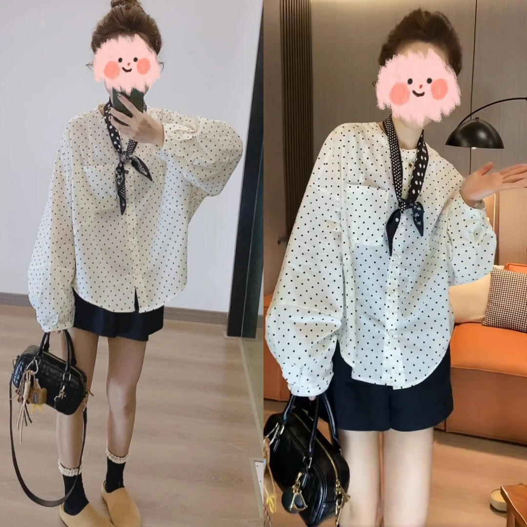 网红小众高级感女装2025春季韩版波点宽松长袖衬衫休闲短裤两件套