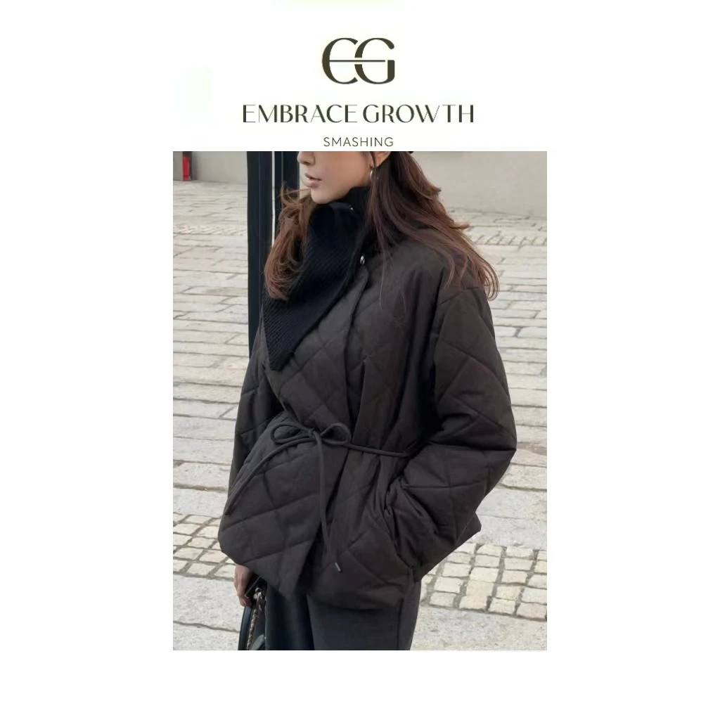 绗缝棉服/EMBRACE GROWTH/简约小众绑带无领加厚冬季 24CY015