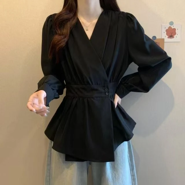 黑色修身长袖衬衫女秋季新款大码胖mm显瘦设计感v领衬衣小衫上衣