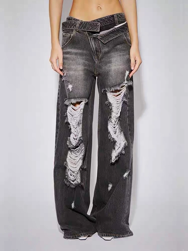 【7366】七#高腰破洞宽松牛仔裤