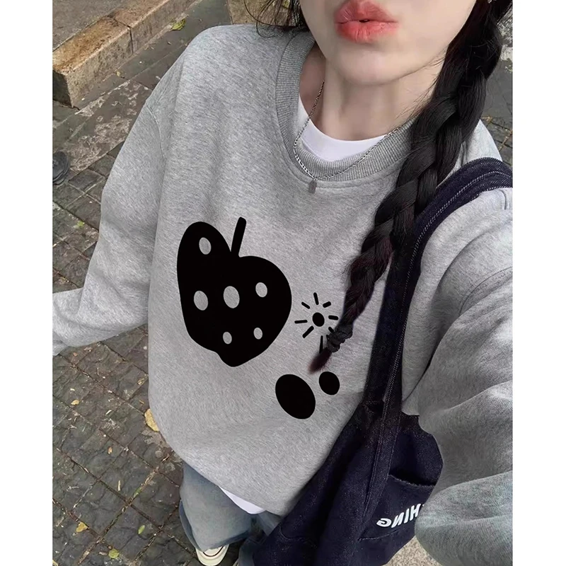 美式灰色无帽加绒显瘦卫衣女小个子胖mm宽松百搭圆领长袖上衣