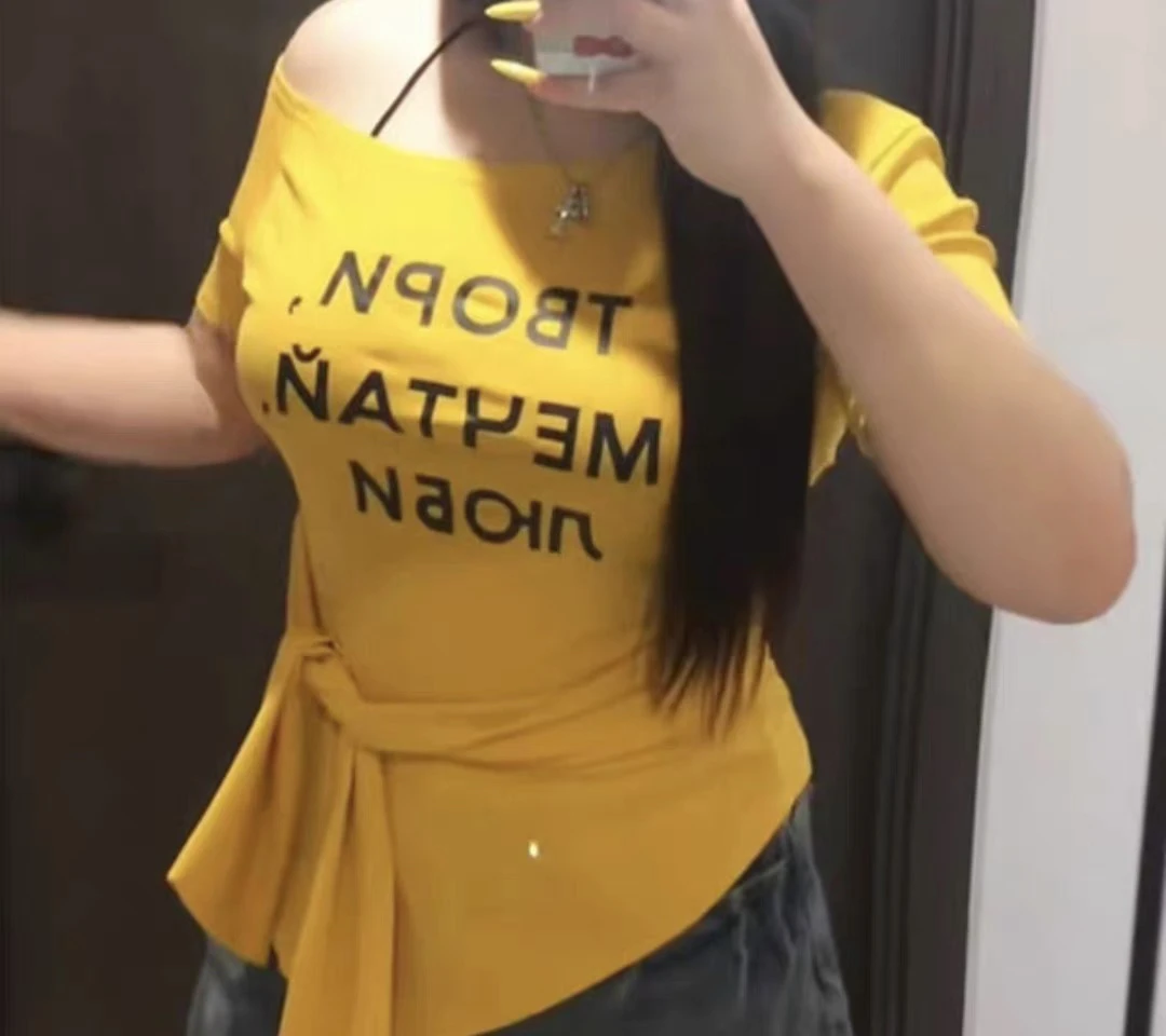 丹姐大码女装一字领短袖绑带露背常规T恤印花设计感时尚修身百搭