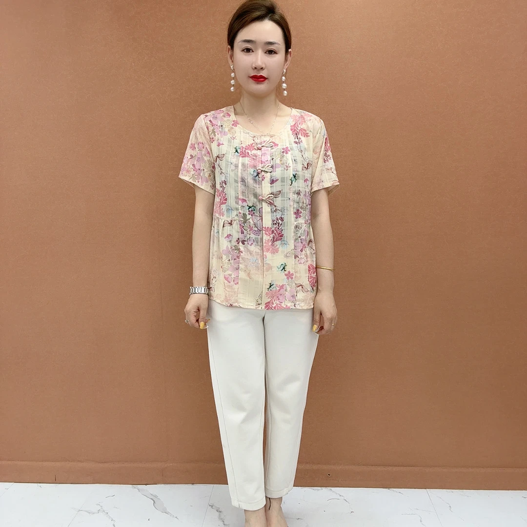 夏季新款中老年妈妈装时尚洋气盘扣碎花圆领套头T恤衬衣遮肚显瘦