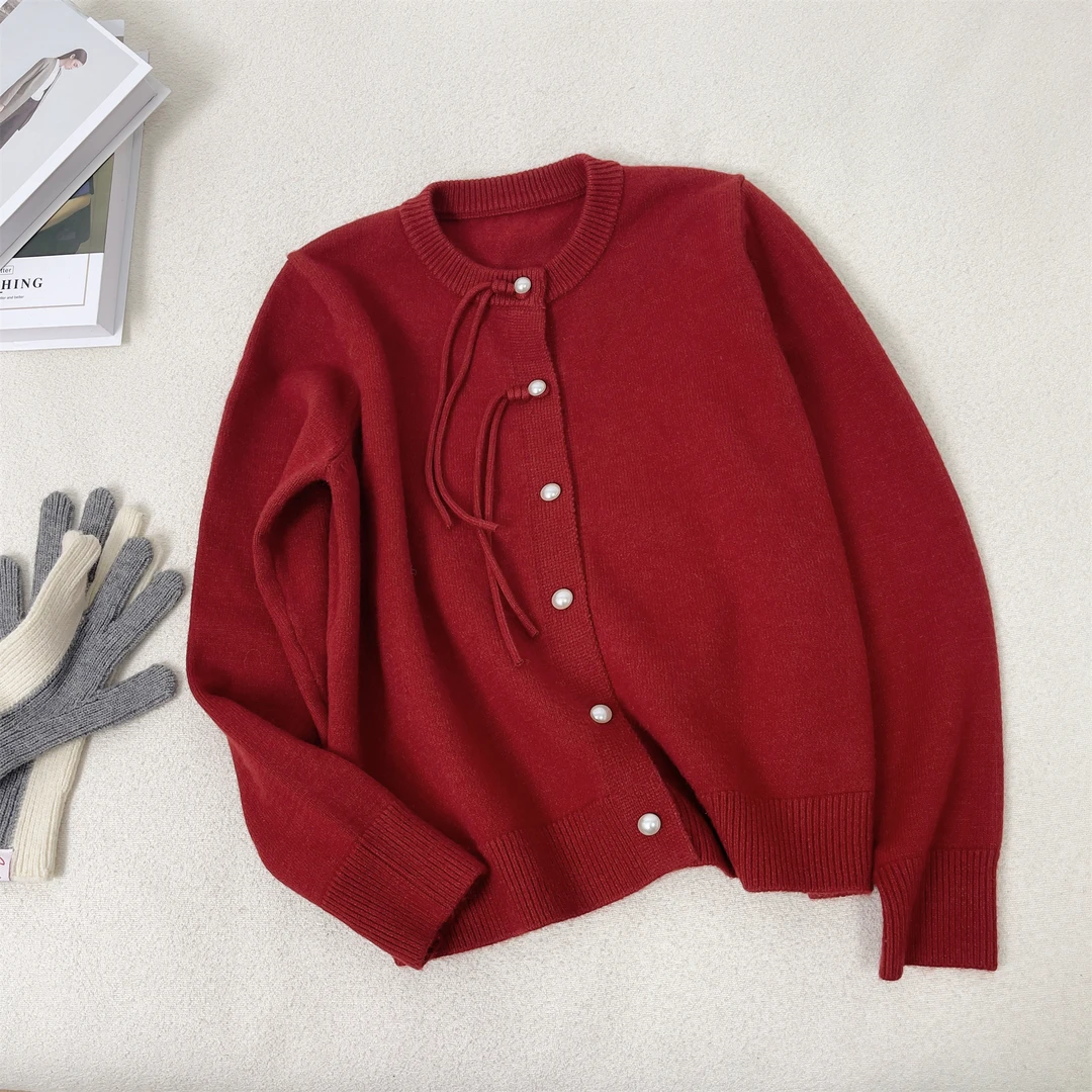 新中式盘扣宽松软糯针织衫国风休闲复古圆领红色毛衣上衣