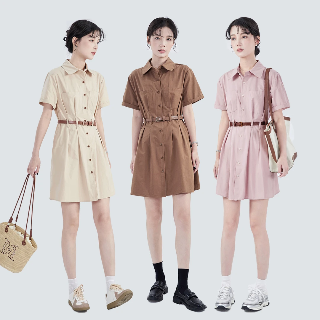 「GUIER」显瘦连衣裙子女夏季2024新款高级感复古收腰衬衫裙G0654