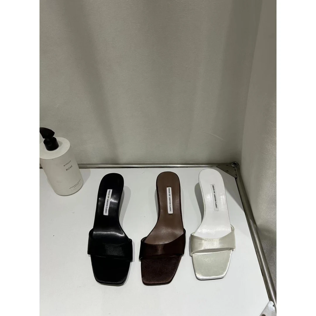 Lamode 白月光!绸缎一字带高跟凉拖鞋女夏季新款细跟穆勒鞋