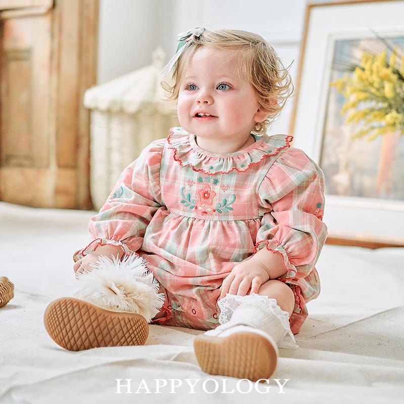 Happyology英国儿童春秋装新款爬服童装百天婴幼儿绣花长袖连体衣