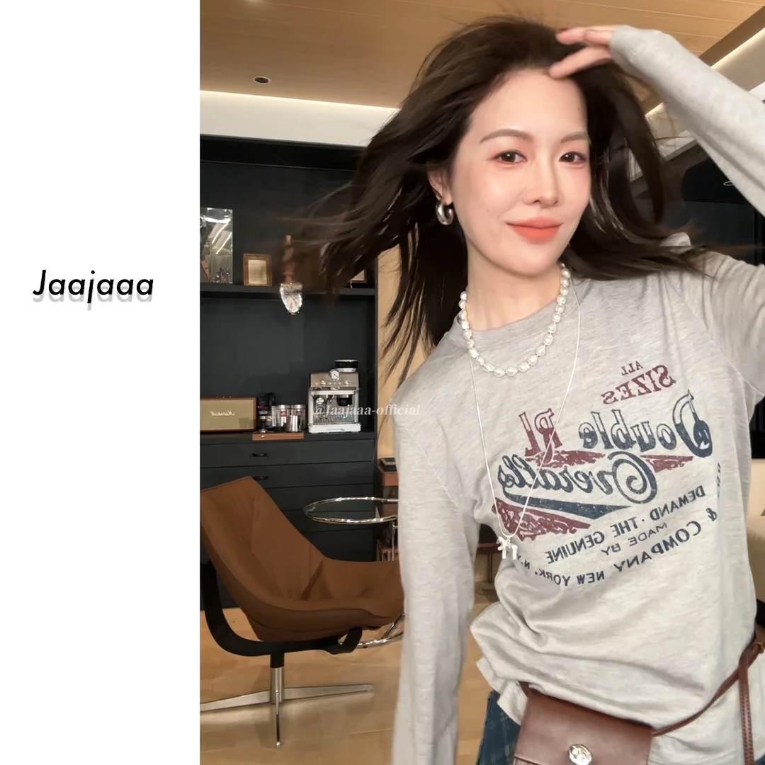 Jaajaaa旦宁古丁 小众简约百搭设计印花长袖耐磨垂感休闲卫衣/HIX