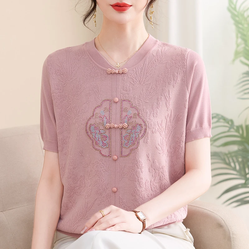 妈妈装气质洋气时尚夏季半袖复古镂空薄款母亲圆领中老年女装大码