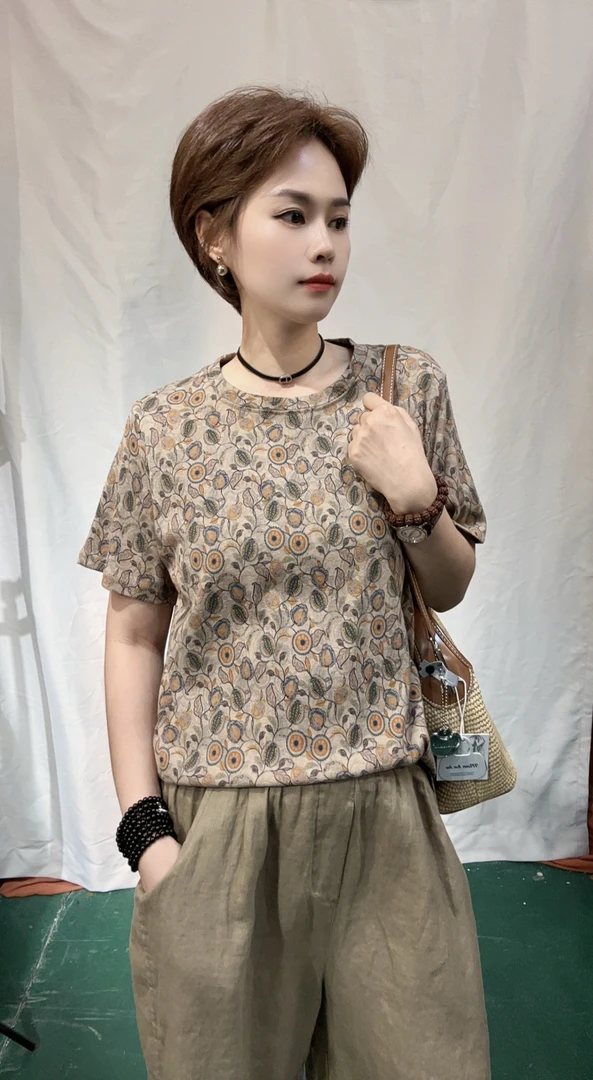 圆领显瘦文艺花色宽松印花宽松短袖T恤