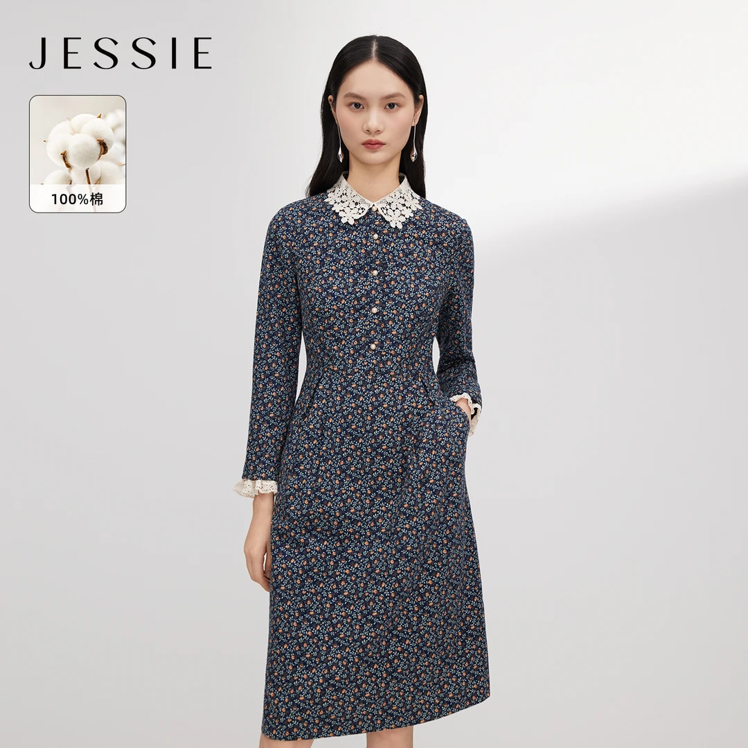 【粉丝专属】【棉】JESSIE优雅蕾丝花边领收腰印花连衣裙女2025年秋季