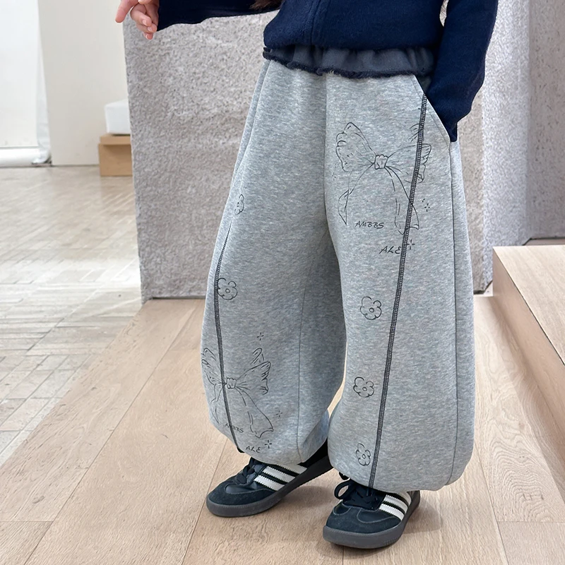 【新品】秋季童裤女童韩版满印蝴蝶结直筒裤儿童拼接休闲裤25G009
