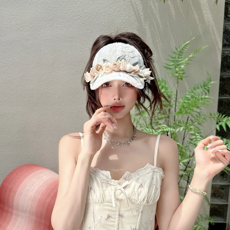 原创唯美森系手工立体花朵肌理亚麻镂空球帽法式鸭舌帽